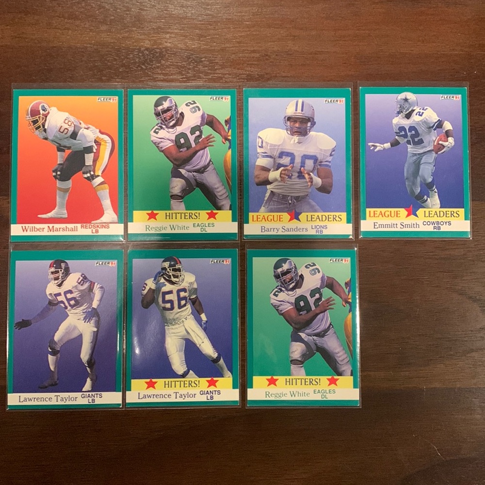 1991 Fleer Football cards Lawrence Taylor, Barry Sanders, Emitt Smith, and etc